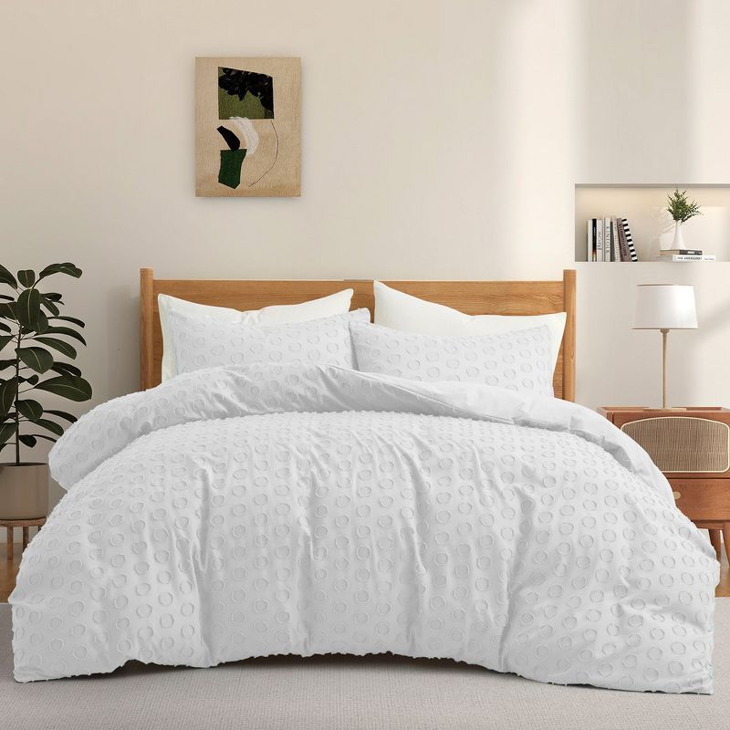 Peace Nest Tufted Clipped Jacquard Geometric Duvet Cover & Pillowcase Set, Circle White, Full/Queen, 90"x90"