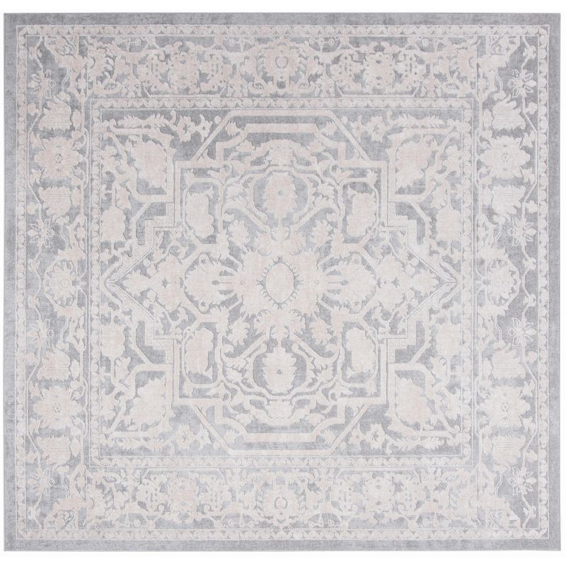 Light Grey and Cream Floral Square Synthetic Area Rug