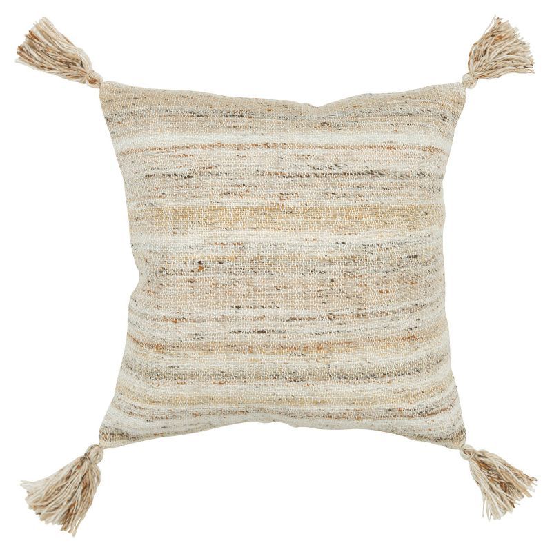 20" Beige and White Striped Tassel Throw Pillow