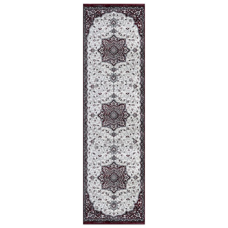 Burgundy and Ivory Medallion Synthetic Runner Rug