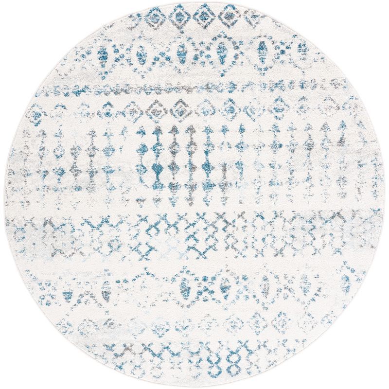 Ivory and Turquoise Geometric Hand-knotted Round Wool Rug