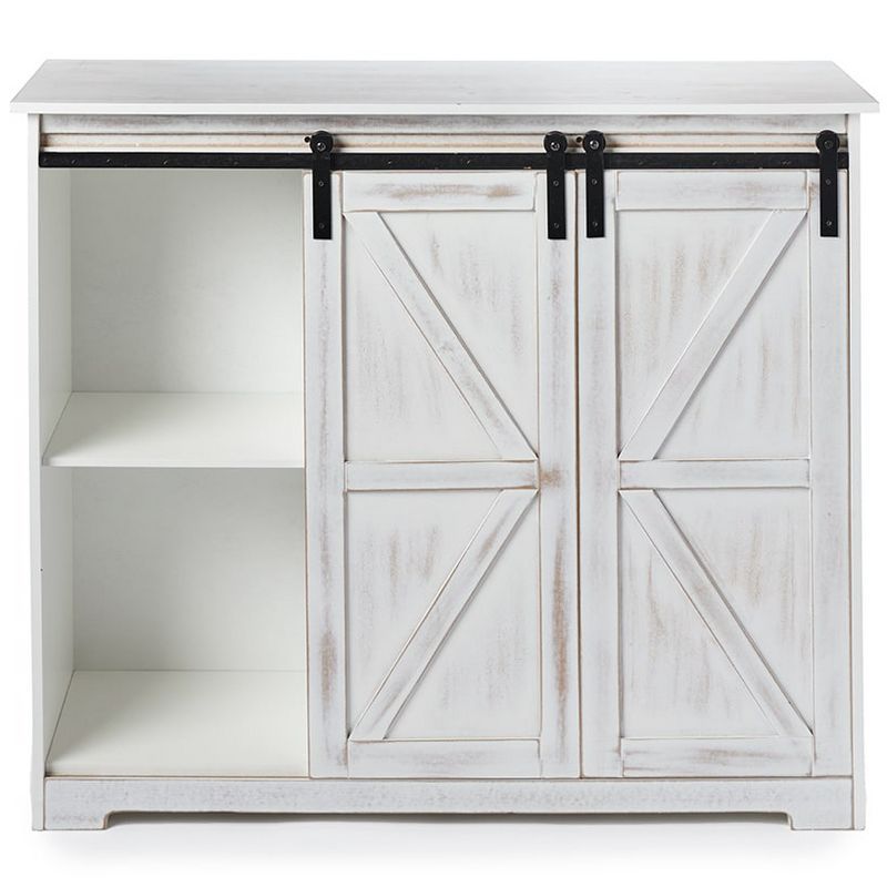 White Distressed Barn Door-Style Buffet Cabinet with Shelves