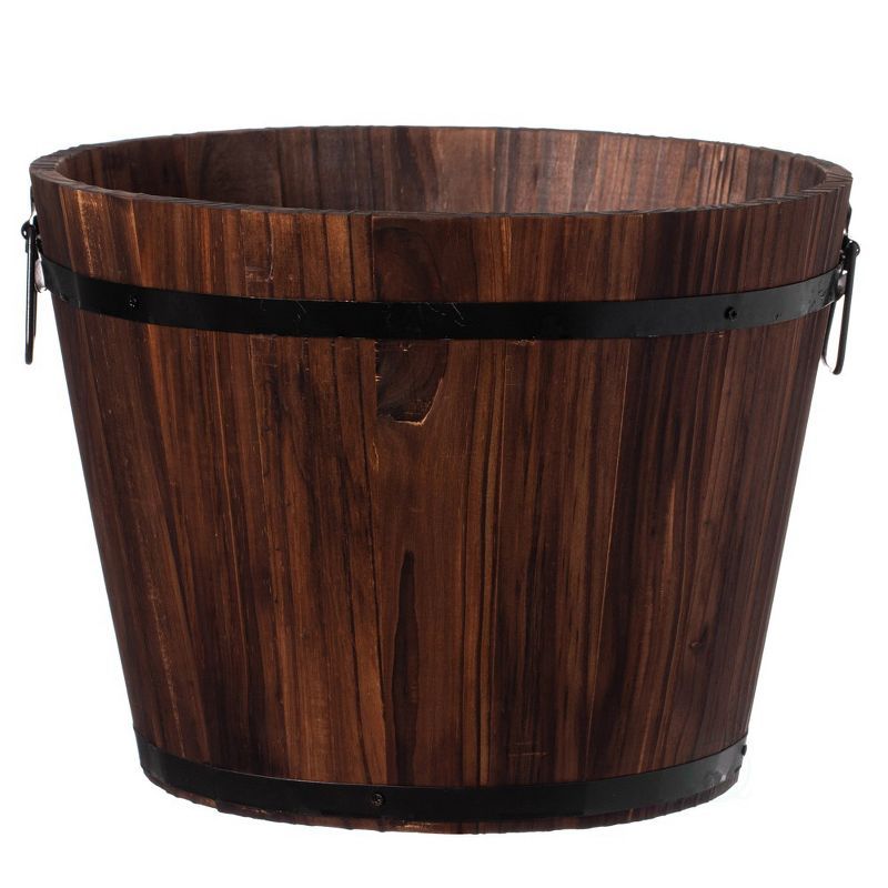 Rustic Medium Brown Wooden Whiskey Barrel Planter with Metal Handles