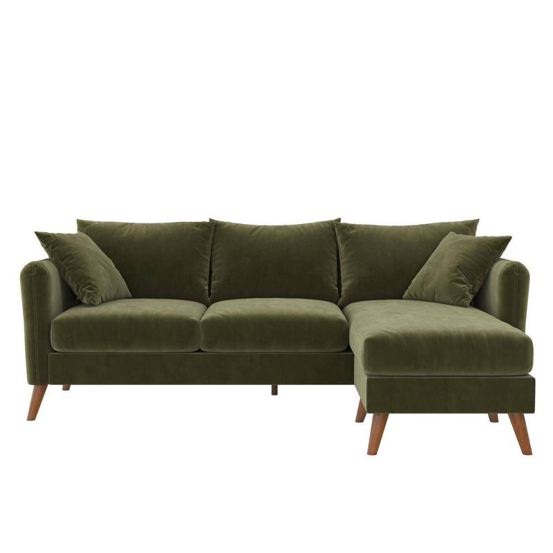 Green Velvet Two Piece Sectional Sofa with Wood Legs