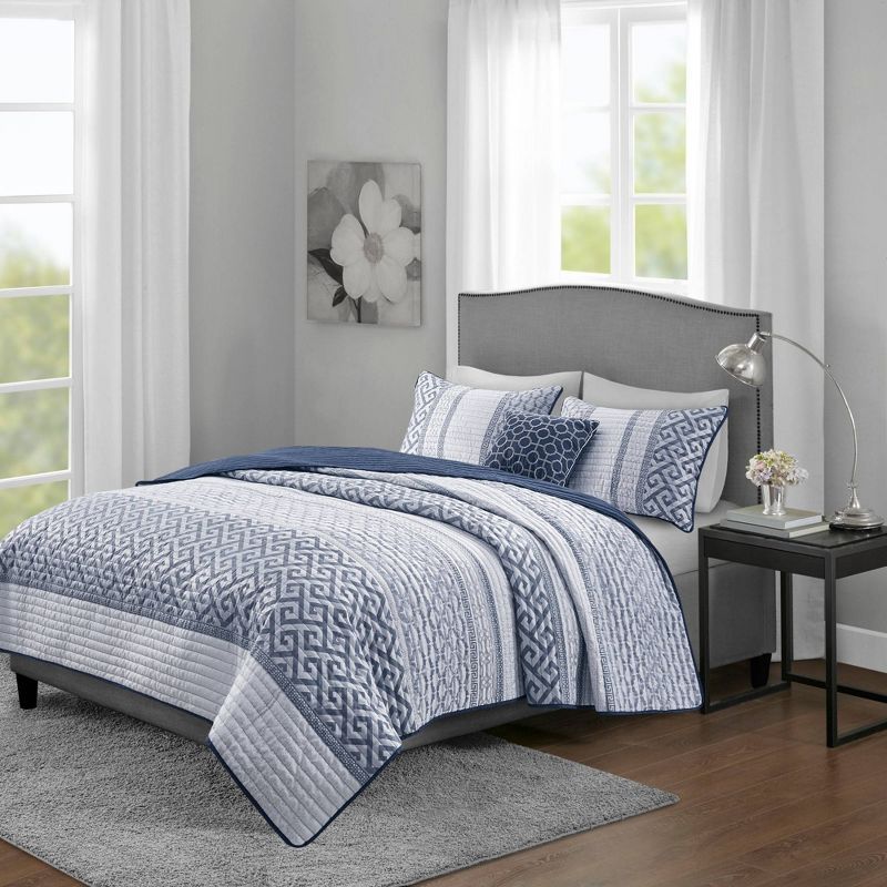 Navy Reversible Microfiber King Quilt Set