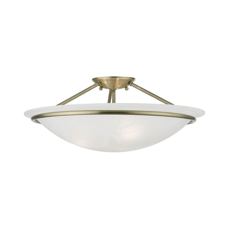 Antique Brass 3-Light Semi-Flush Mount with Alabaster Glass