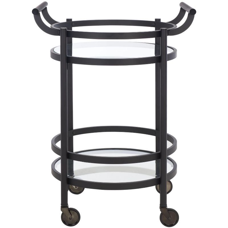 Contemporary Chic Matte Black Round Bar Cart with Glass Shelves