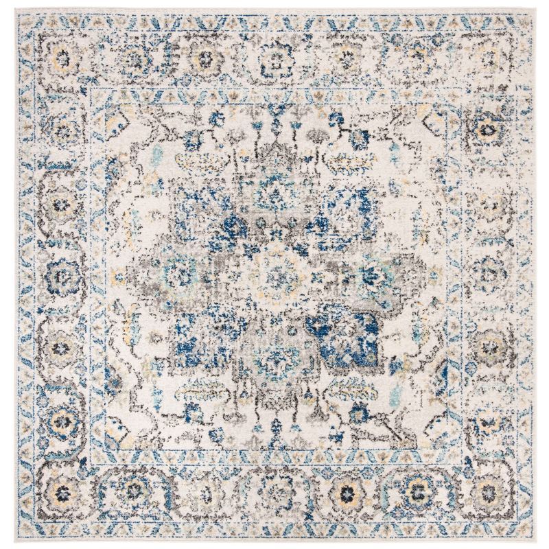Ivory and Grey Medallion Distressed Square Rug 6'7"