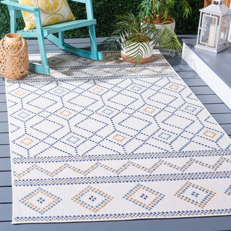 Ivory and Navy Yellow Geometric Square Indoor/Outdoor Rug