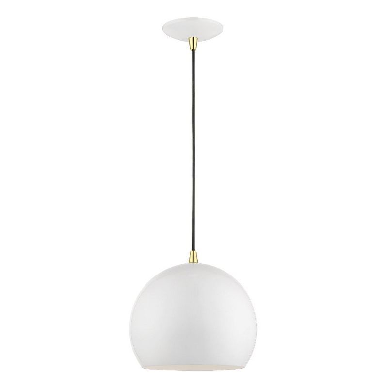 Mini Shiny White Aluminum Globe Pendant with Polished Brass Accents