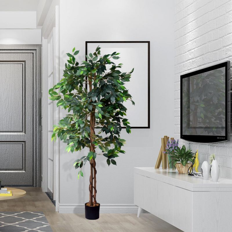 72" Tall Artificial Ficus Silk Tree in Black Pot