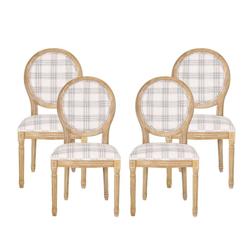 Gray Plaid and Light Beige Upholstered French Country Dining Chairs, Set of 4