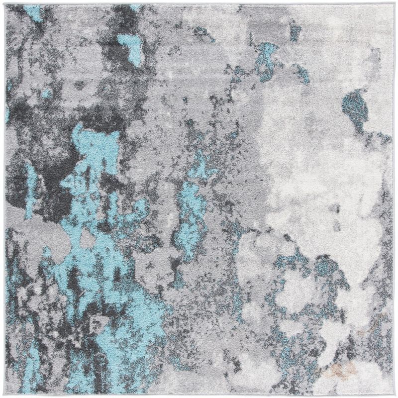 Turquoise and Grey Square Abstract Area Rug, 6' x 6'