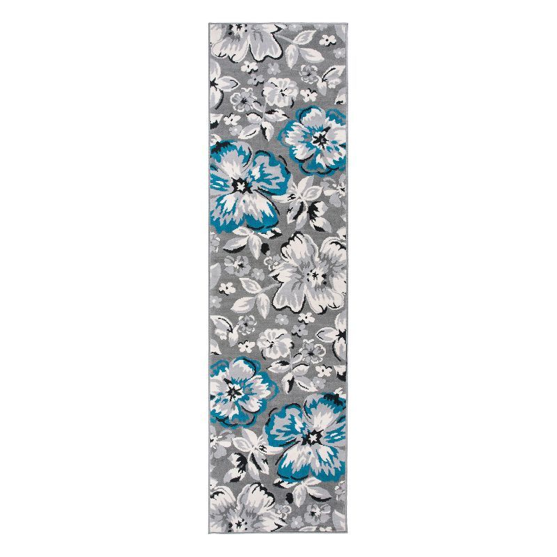 Modern Floral Design Blue and Gray Synthetic Runner Rug