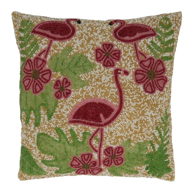 Beaded Flamingo Embroidered Cotton Square Pillow