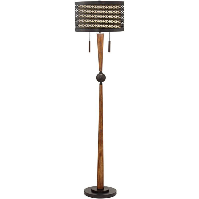 Bronze and Cherry Wood Mid-Century Modern Floor Lamp with Cream Linen Shade