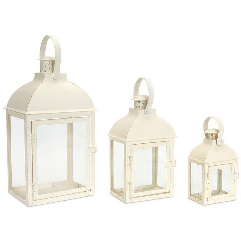 Ivory Metal Tabletop and Hanging Candle Lantern Set