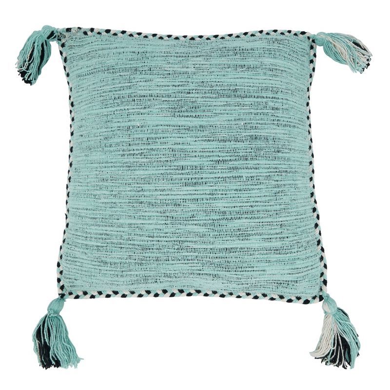 Aqua Cotton Braided Border Tassel Square Throw Pillow