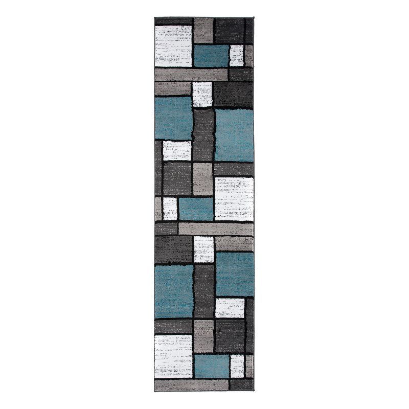 Blue and Gray Geometric Synthetic Runner Rug 2'7" x 6'