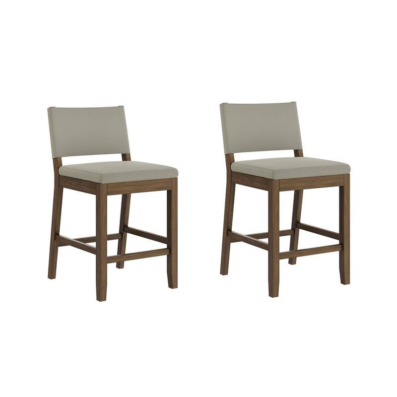 Linus Light Gray Upholstered Counter Height Bar Stools with Dark Brown Wood Legs, Set of 2