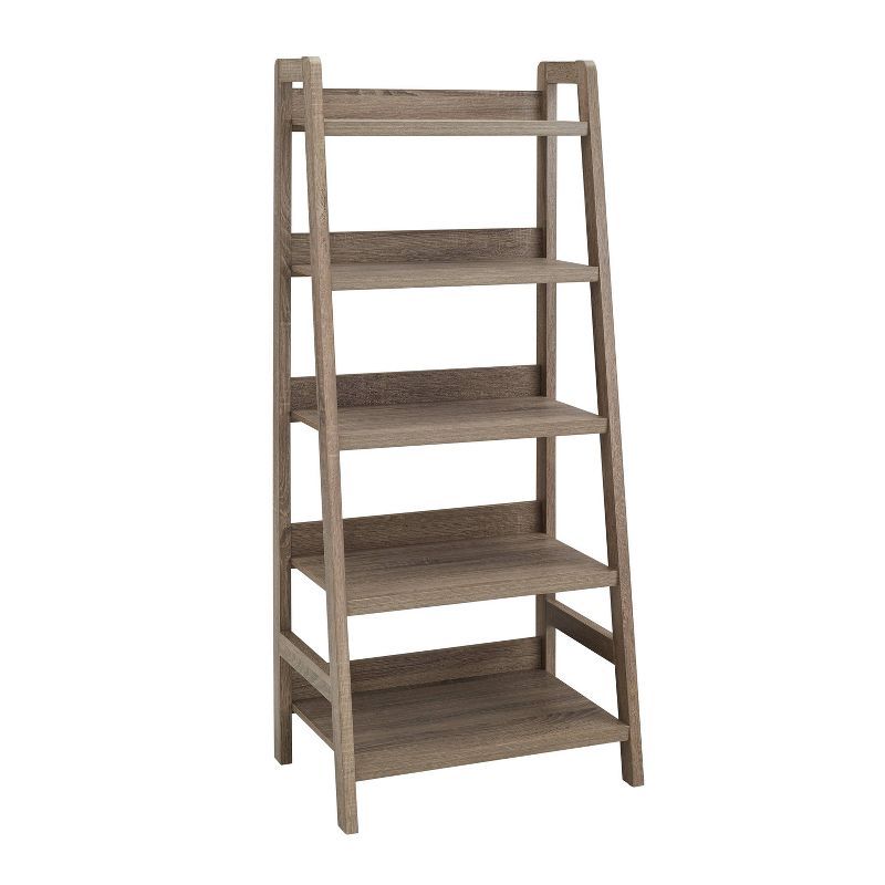 Modern Gray Wood Ladder Bookcase with 5 Spacious Shelves