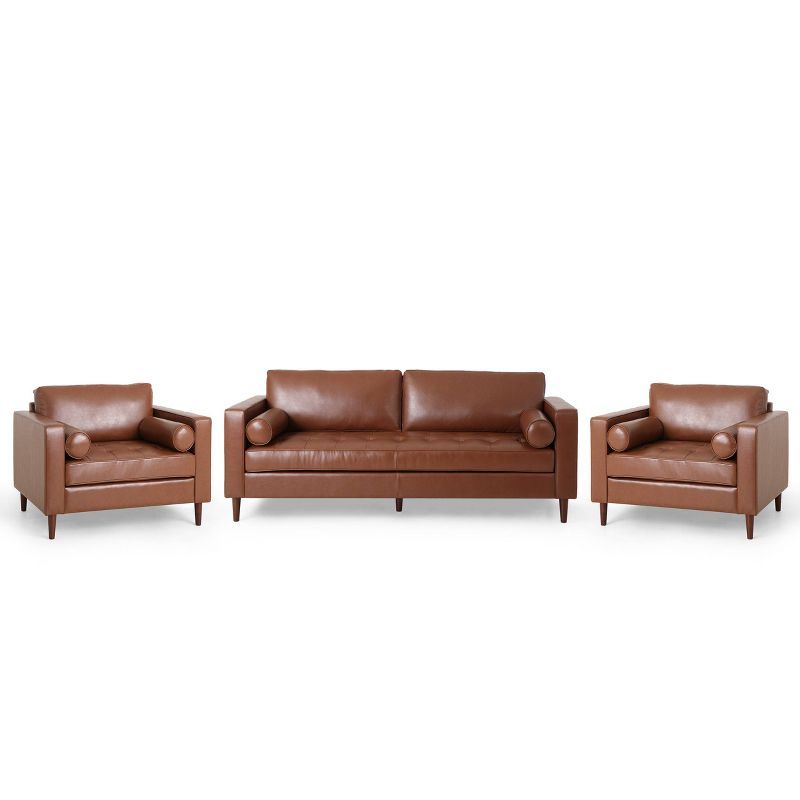 Cognac Brown Faux Leather Tufted 3-Piece Sofa and Club Chair Set