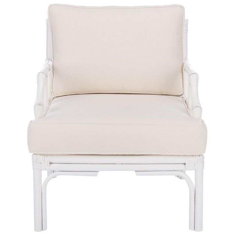 Chinoiserie-Chic White Rattan Accent Chair with Plush Cushion