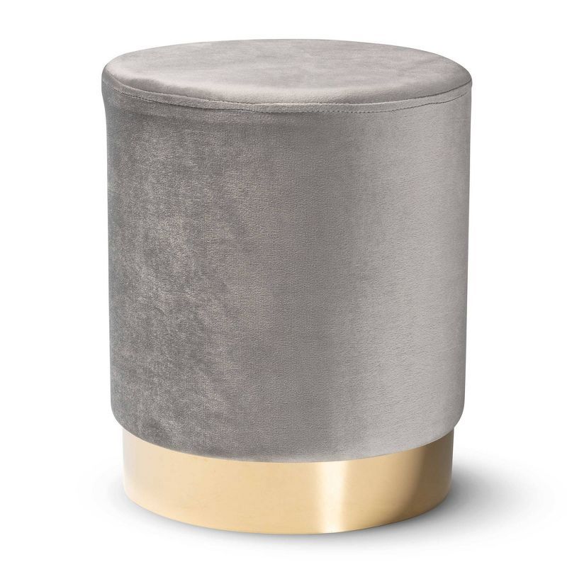 Chaela Gray Velvet and Gold Round Ottoman