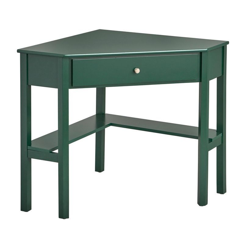 Dark Green Corner Desk with Drawer and Shelf