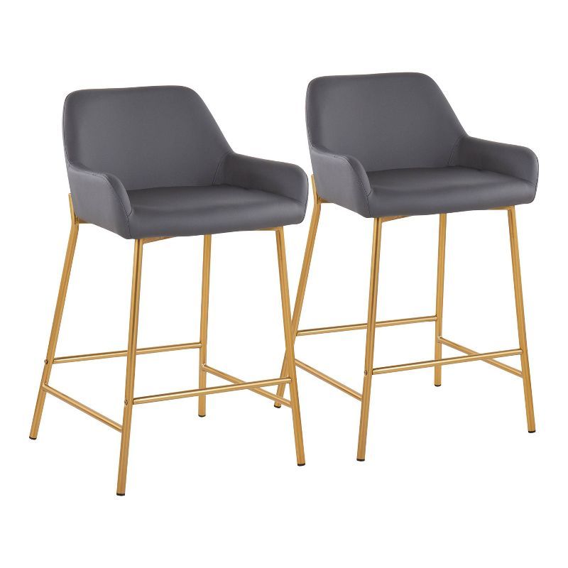 Set of 2 Gold Metal and Gray Faux Leather Counter Stools