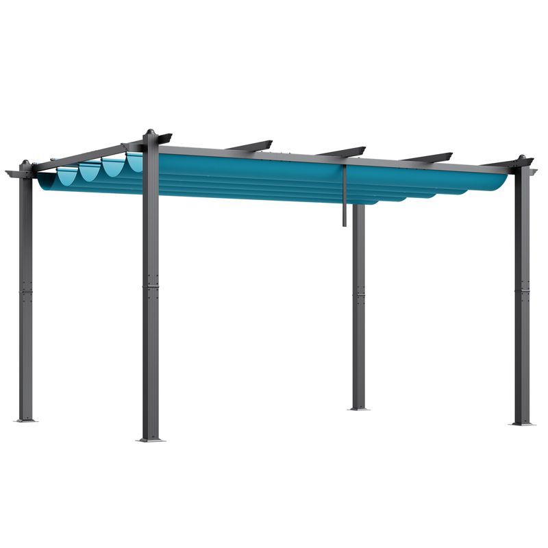 Modern Black Aluminum Pergola with Blue Retractable Canopy