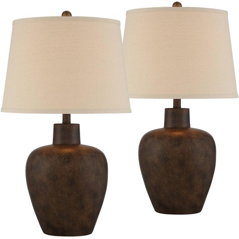 Set of 2 Dark Terra Cotta Urn Table Lamps with Tapered Fabric Drum Shades