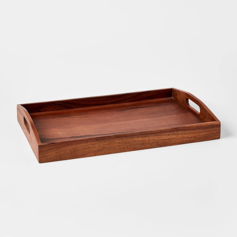 Dark Brown Wood Rectangular Serving Tray with Handles