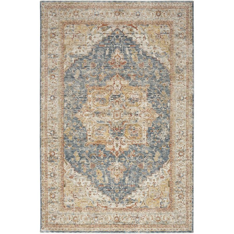 Ivory-Blue Hand-Knotted Wool Blend 5'3" x 7'8" Vintage Area Rug