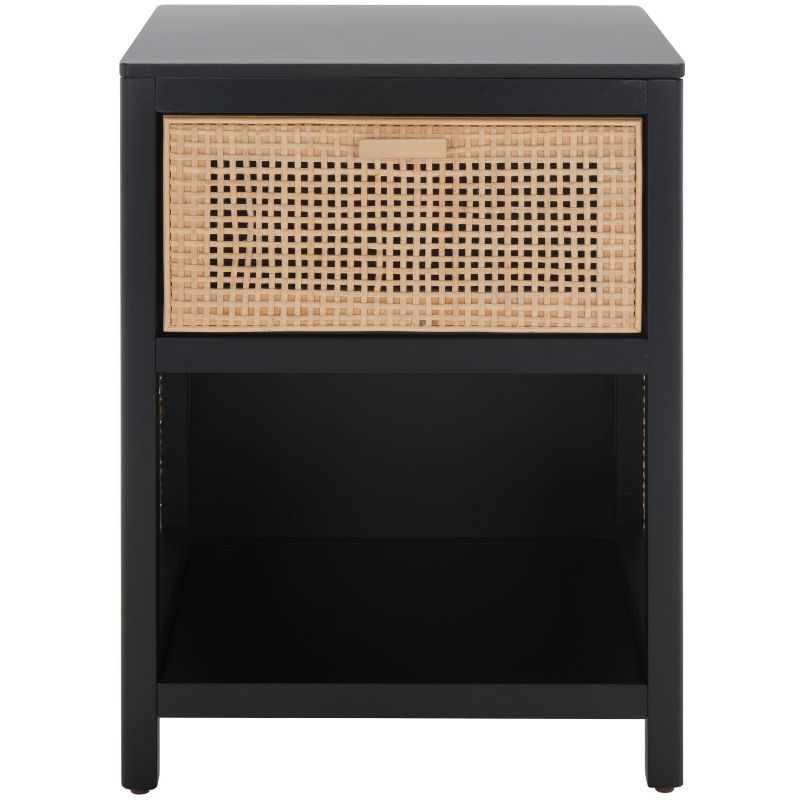 Coastal Black Mahogany & Natural Rattan 1-Drawer Nightstand