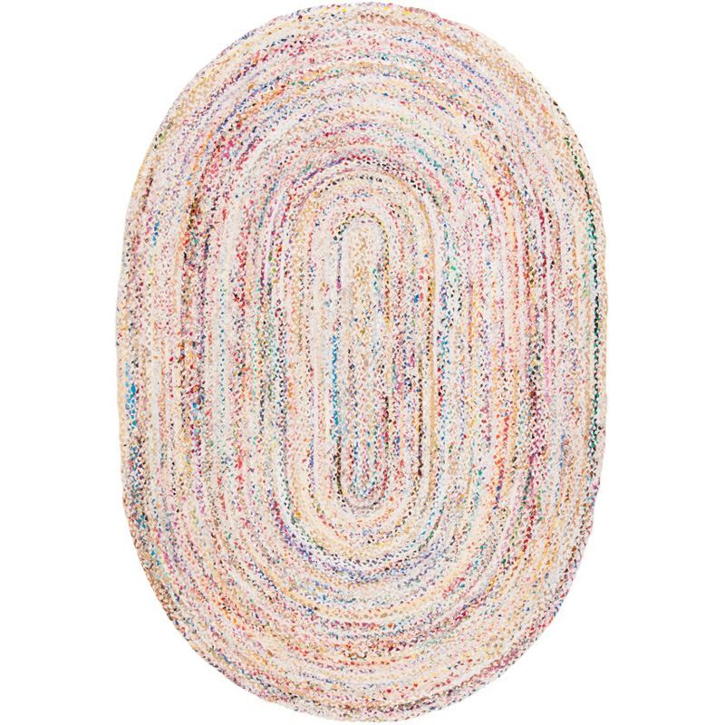 Ivory and Multicolor Oval Braided Cotton Area Rug