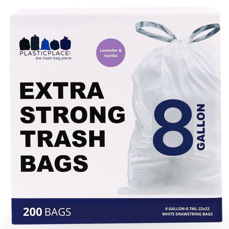 Lavender and Vanilla Scented 8 Gallon White Drawstring Trash Bags