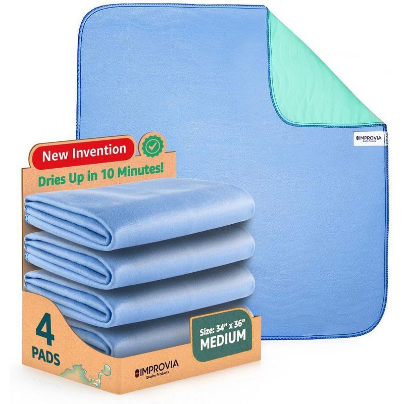 Improvia Blue Heavy Absorbency Reusable Bed Pads, 34" x 36", 4-Pack