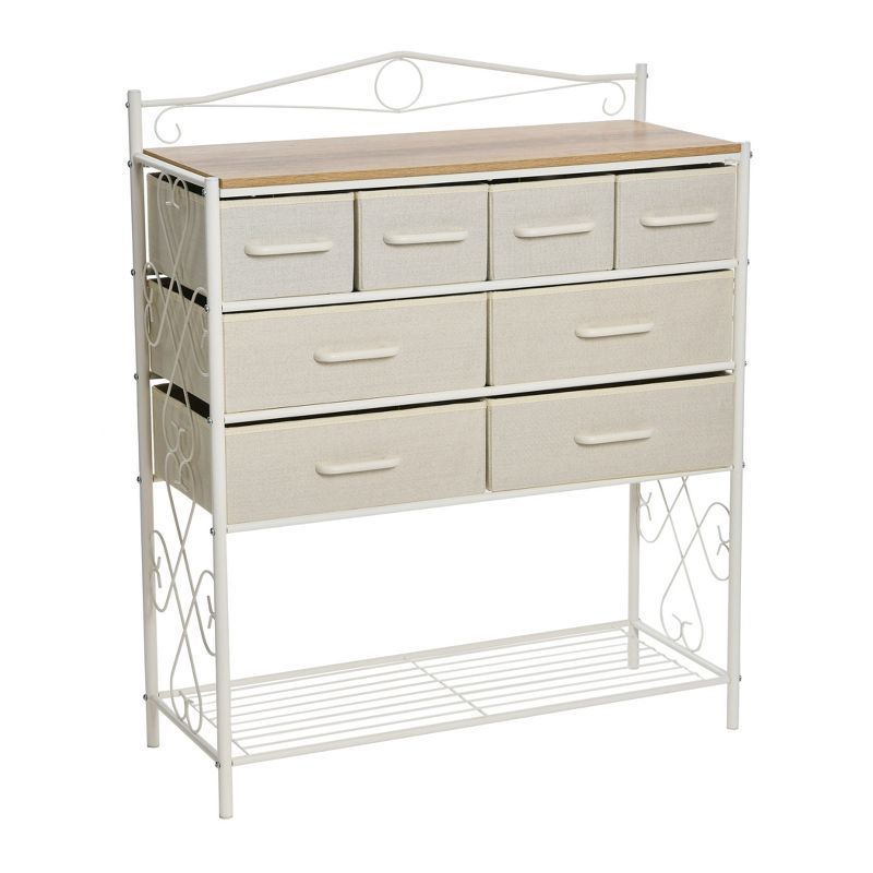 Coastal Oak White Metal Frame 8-Drawer Dresser with Storage Rack