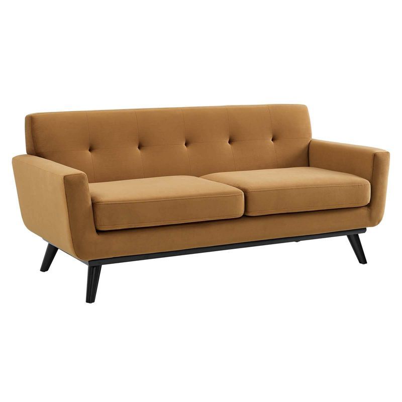 Cognac Velvet Tufted Loveseat with Black Wood Legs