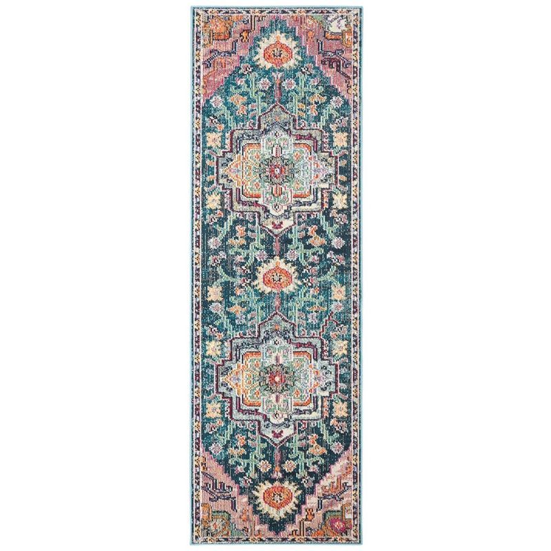 Teal and Rose Floral Synthetic Area Rug
