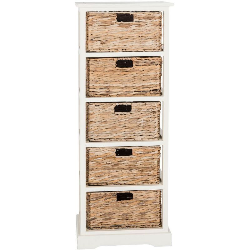 Coastal Breeze White Pine 5-Drawer Wicker Basket Storage Tower