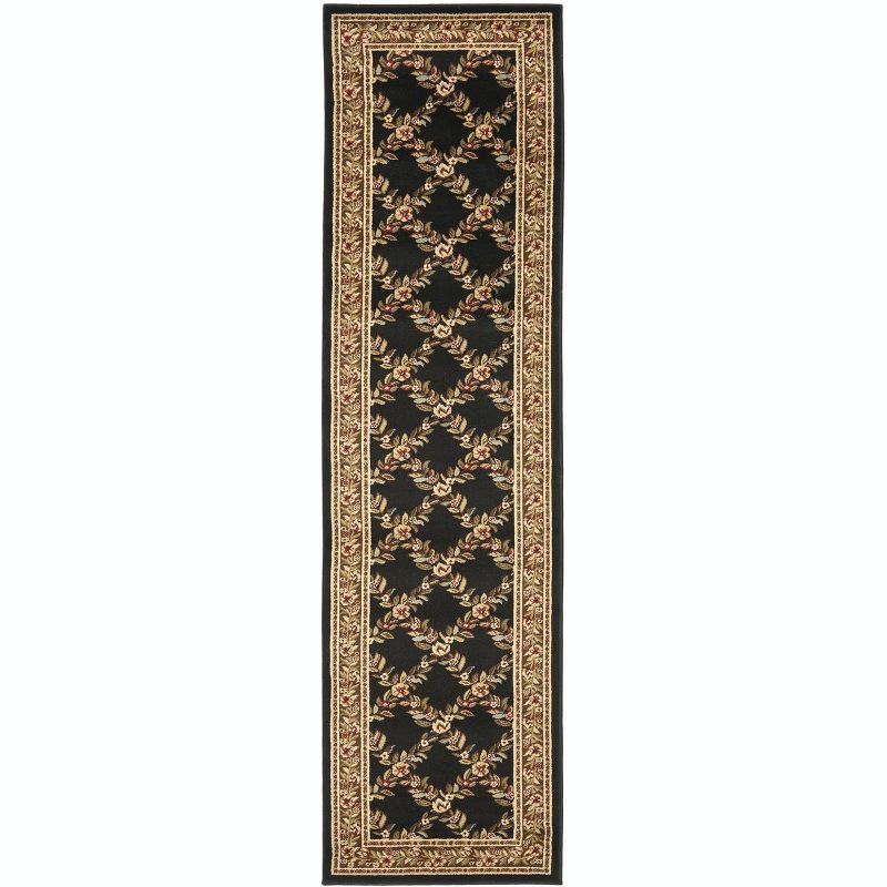 Elegant Floral Border Runner Rug in Black and Brown, 2'3" x 8'