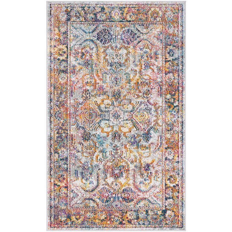 Light Blue and Orange Synthetic Floral Motif Area Rug