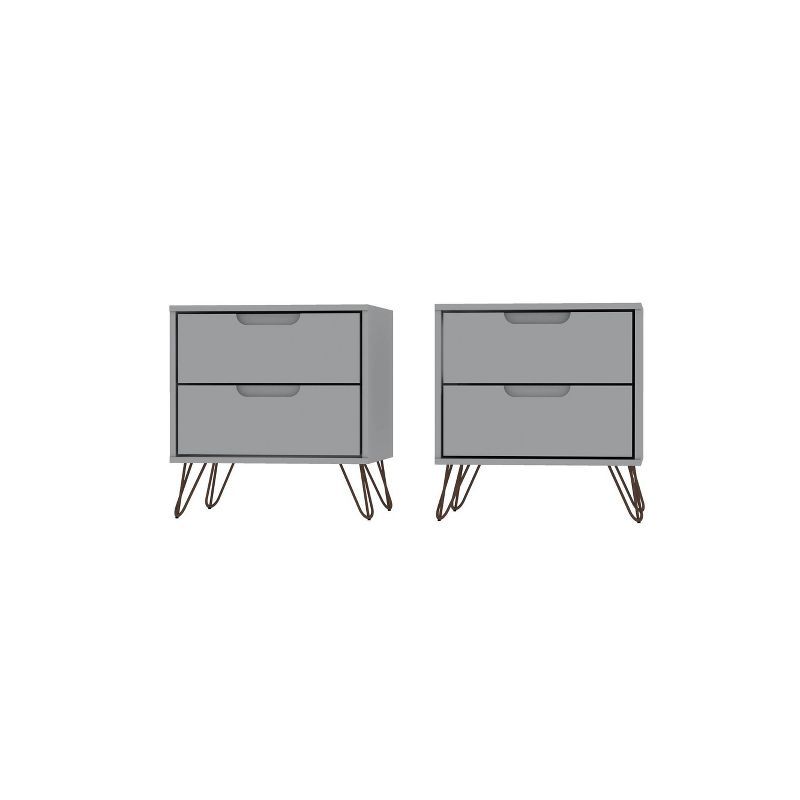 Rockefeller 2-Drawer White Wood Nightstands with Metal Legs, Set of 2