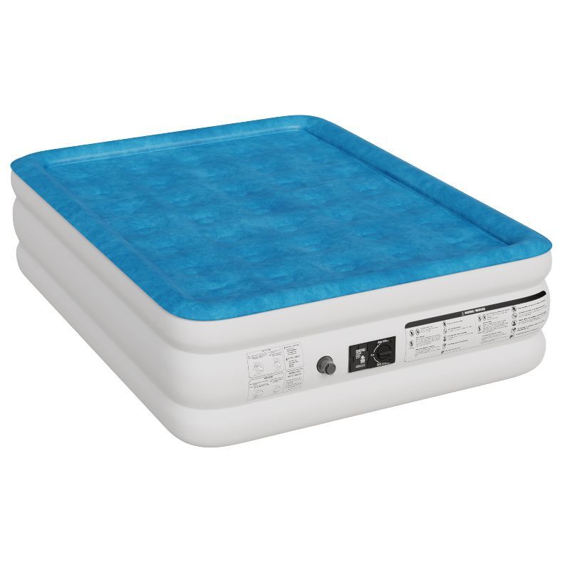 Queen Raised White and Blue PVC Air Mattress with Built-In Pump