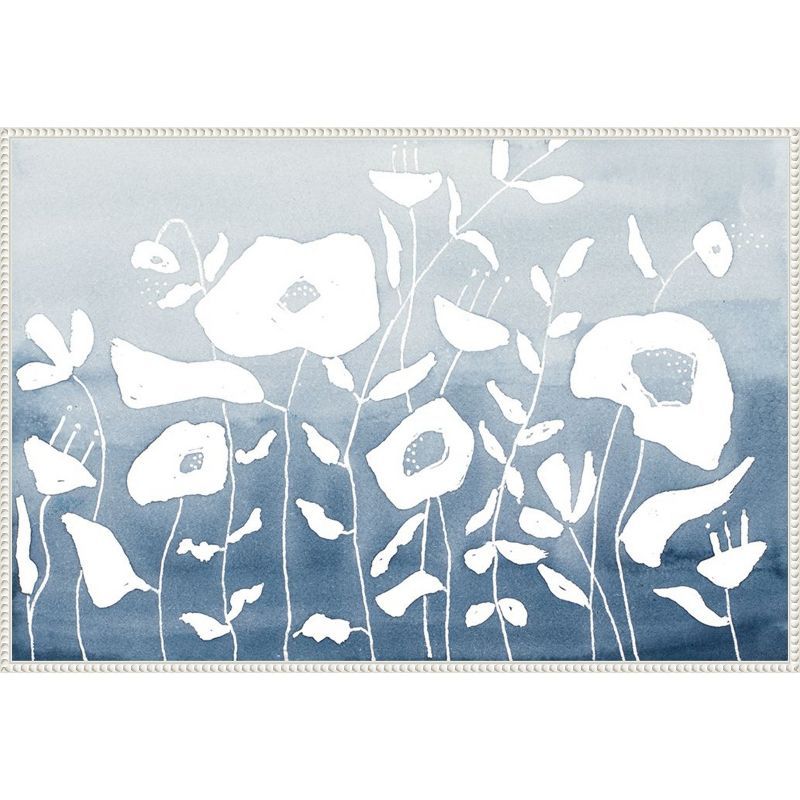 Blue and White Floral Garden Beaded Framed Canvas Wall Art