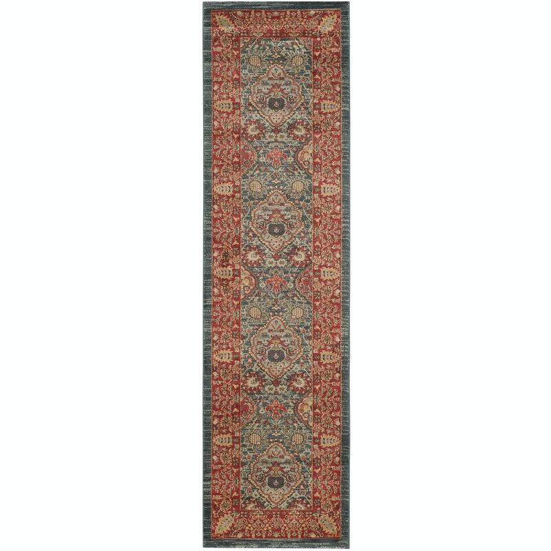 Navy and Red Synthetic Patterned Rectangle Runner Rug, 2'2" x 8'