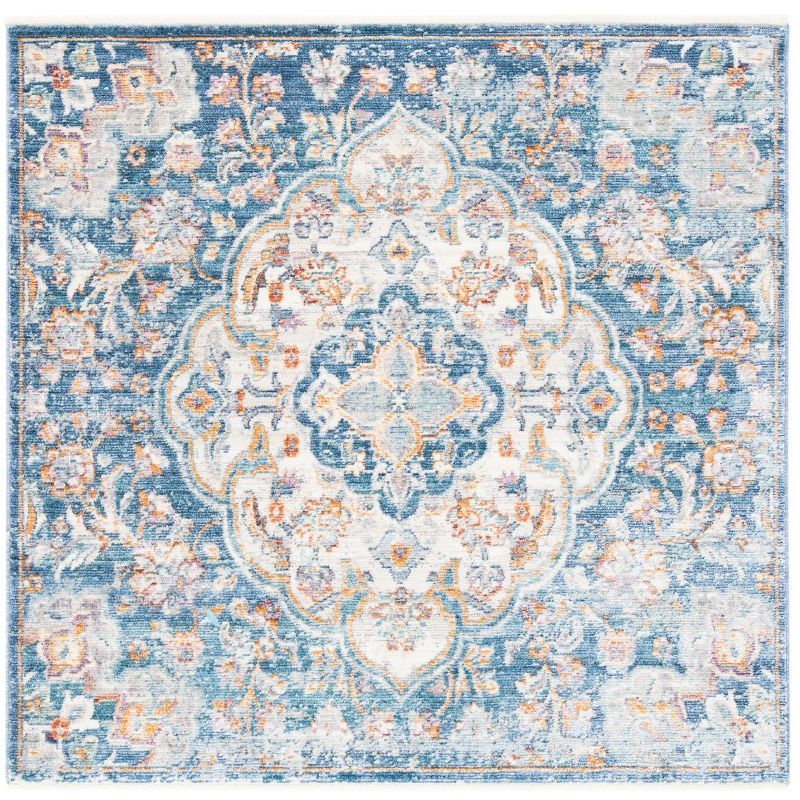 Hand-Knotted Cream & Blue Viscose Oriental Square Rug