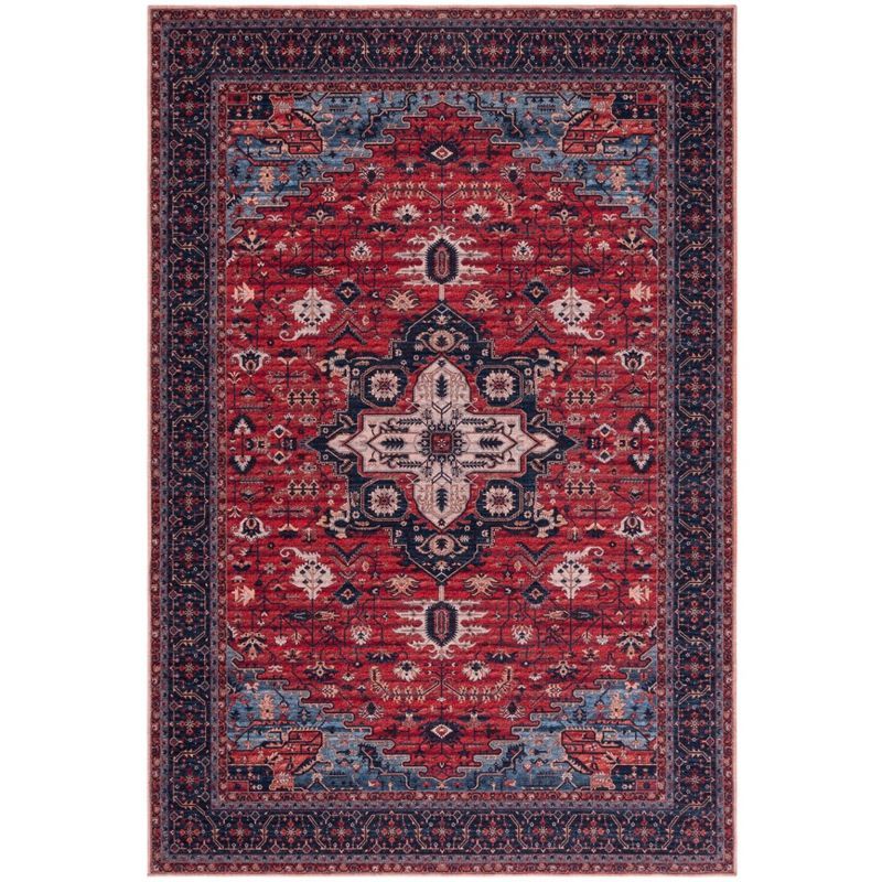 Red and Navy Rectangular Washable Viscose Area Rug